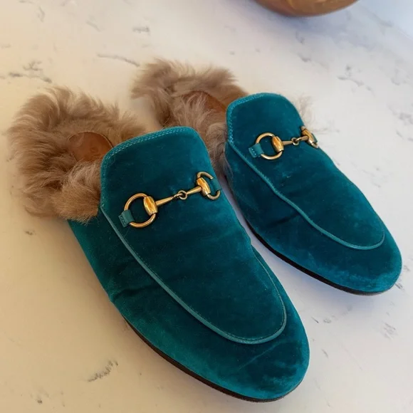 Gucci Princetown Fur Mules Color Teal Velvet Horsebit Slides Womens Size 36.5 - Picture 3 of 16